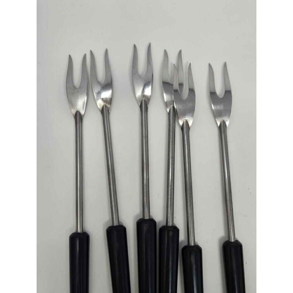 VINTAGE STAINLESS STEEL BLACK HANDLE FONDUE FORKS SET OF 6 WITH BOX FRANCE MCM - Picture 14 of 16
